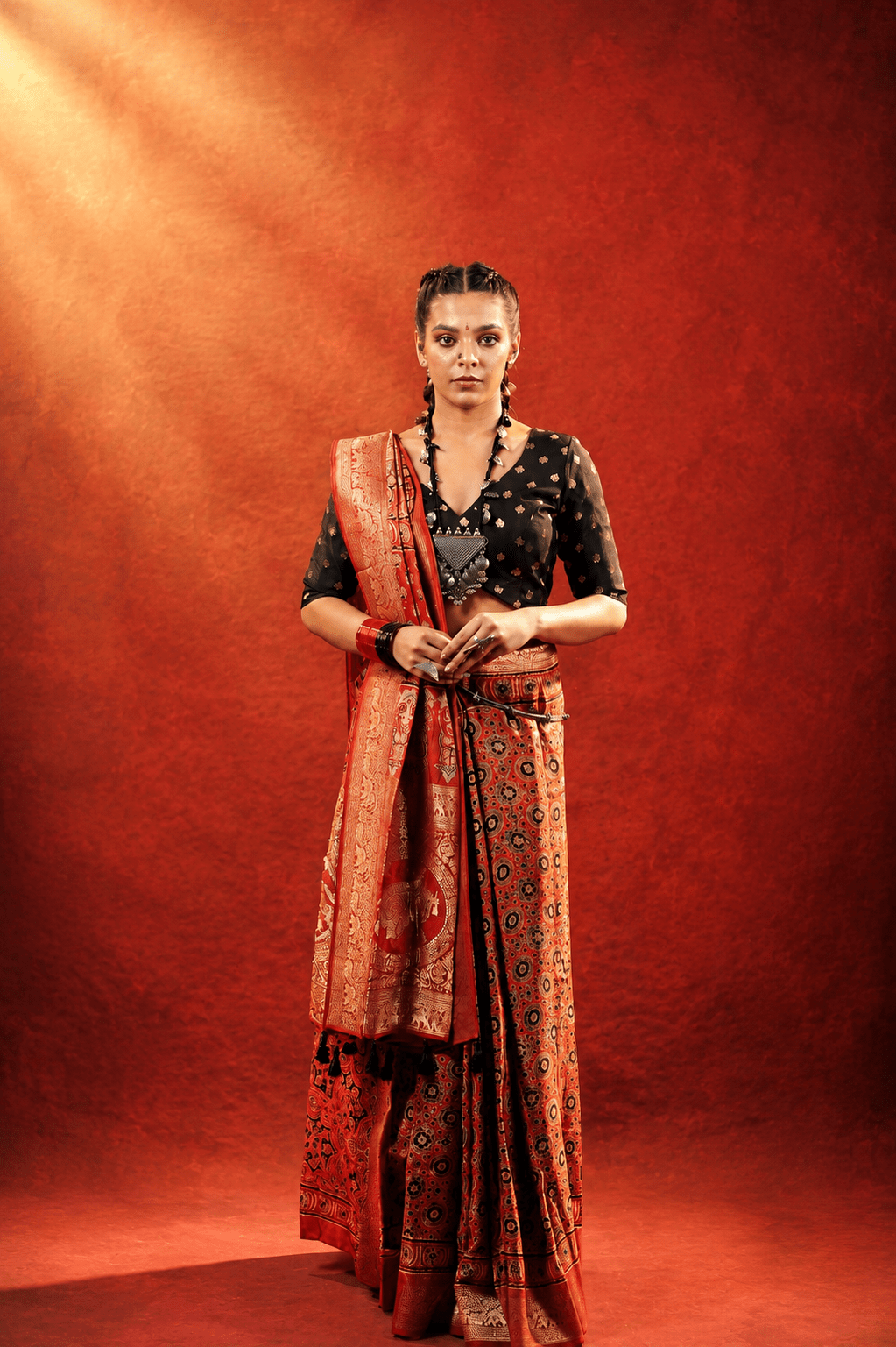 Rajvanshi Ajrakh Dola Silk Saree + Royal Ember Shadow Blouse Combo - Eternity by Sakshi