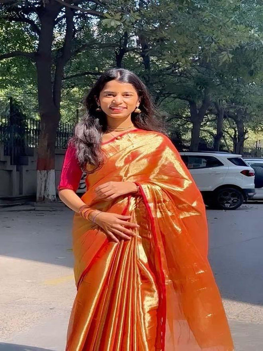 Gold Era Metallic Mul Saree + Red Noorie Blouse Combo - Eternity by Sakshi