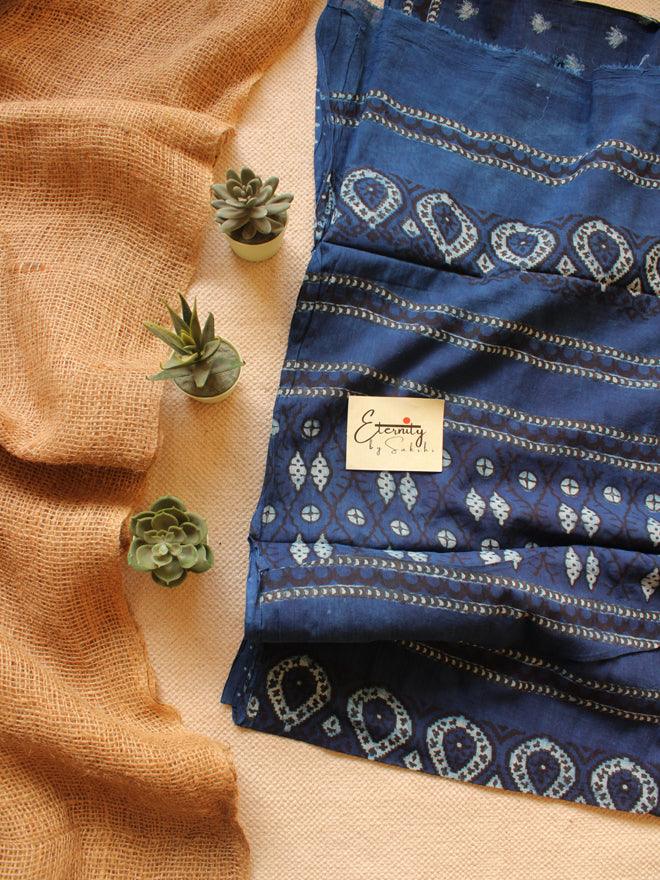 Indigo Glory Handblockprinted Cotton Saree + Maroon Ajrakh Blouse Combo - Eternity by Sakshi