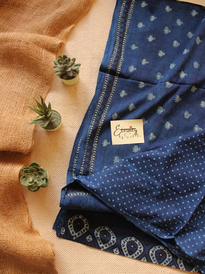 Indigo Glory Handblockprinted Cotton Saree + Maroon Ajrakh Blouse Combo - Eternity by Sakshi