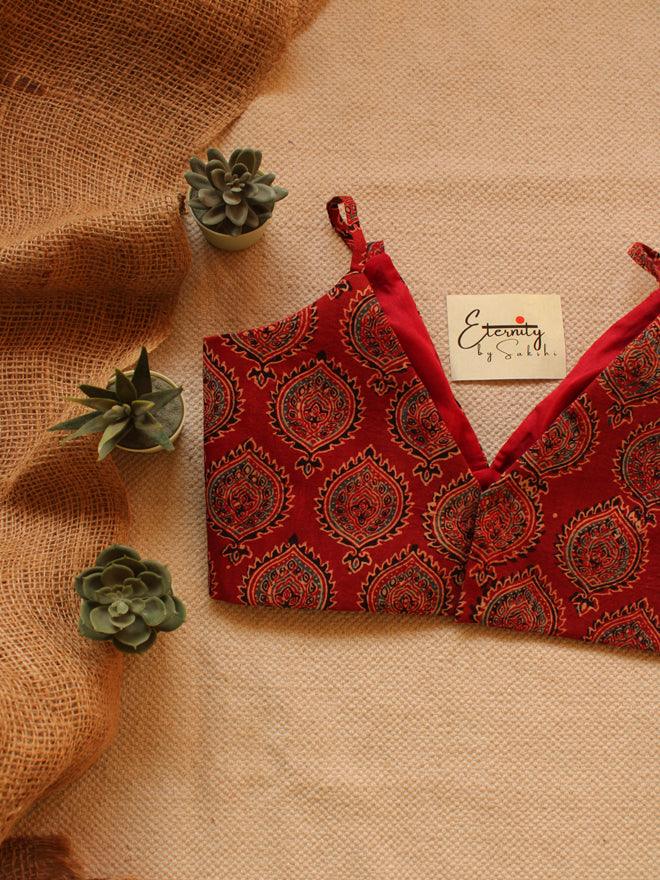 Indigo Glory Handblockprinted Cotton Saree + Maroon Ajrakh Blouse Combo - Eternity by Sakshi
