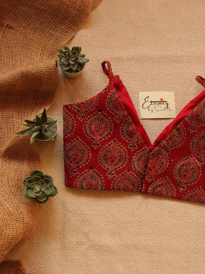 Indigo Glory Handblockprinted Cotton Saree + Maroon Ajrakh Blouse Combo - Eternity by Sakshi