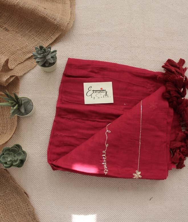 Maroon Noor Saree + Maroon Brocade Elastic Noorie Blouse Combo - Eternity by Sakshi