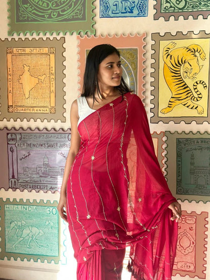 Maroon Noor Saree + Maroon Brocade Elastic Noorie Blouse Combo - Eternity by Sakshi