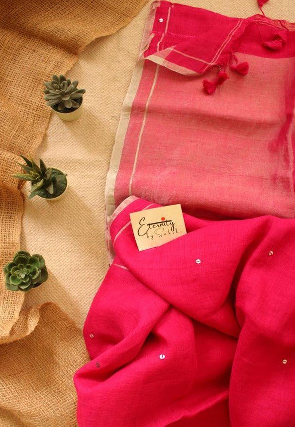 Pink Raina Linen Saree + Silver Zari Blouse Combo - Eternity by Sakshi