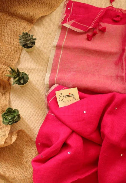 Pink Raina Linen Saree + Silver Zari Blouse Combo - Eternity by Sakshi