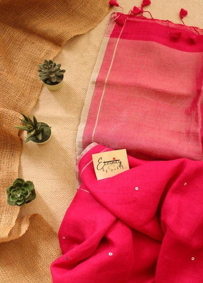 Pink Raina Linen Saree + Silver Zari Blouse Combo - Eternity by Sakshi