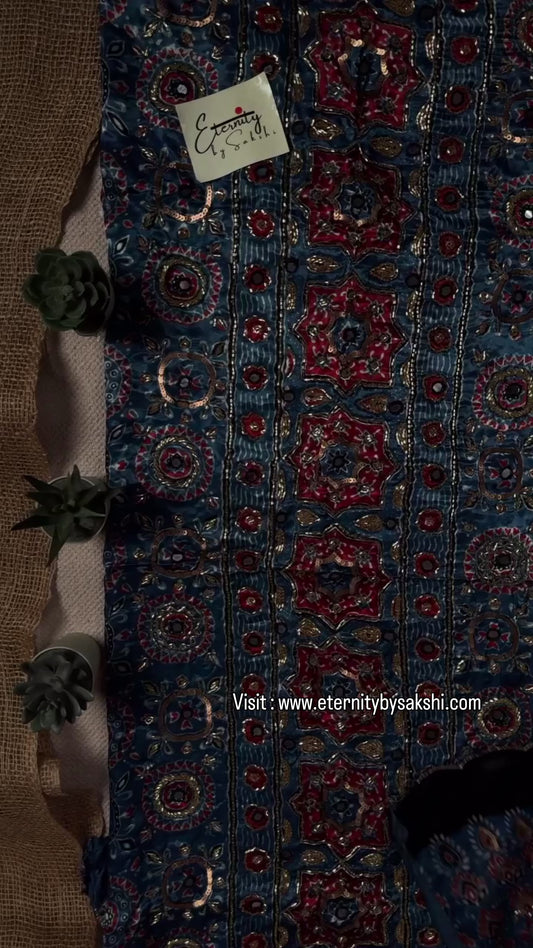 Indigo Ajrakh Handwork Unstiched Kurti With Duppata