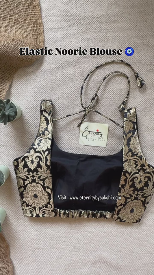 Black Brocade Elastic Noorie Blouse full view front and back