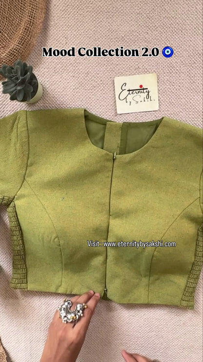 Green Petal Double Zip Mood With Sleeves Stretchable Blouse