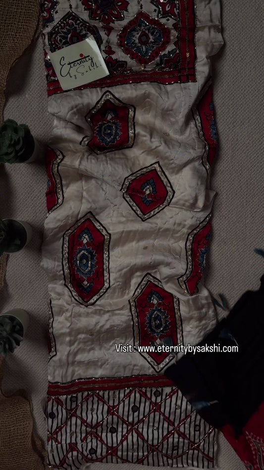 Offwhite with red Ajrakh Handwork Unstiched Kurti With Duppata