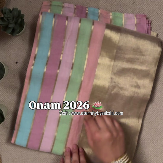Pastel handloom mulmul tissue cotton saree for Onam