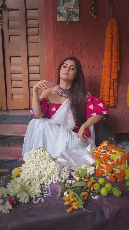 White Tara Saree + Ajrakh Hakoba - Blue Grace Blouse Combo