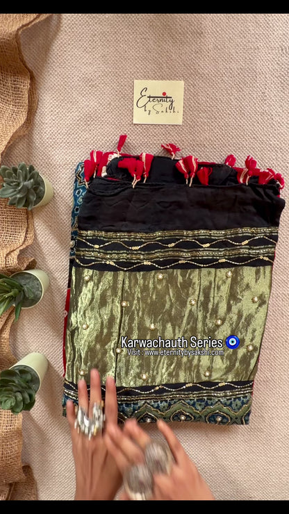 Red Bandhani Ajrakh Silk Handwork Saree