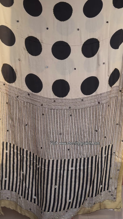 Off-White Ajrakh Polka Modal Silk Saree with Artisan Handwork