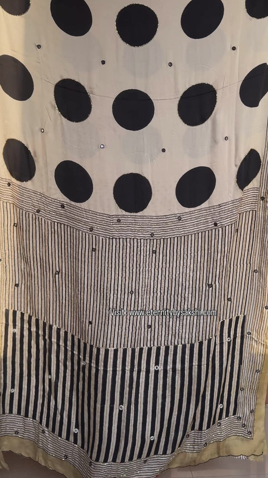 Off-White Ajrakh Polka Modal Silk Saree with Artisan Handwork