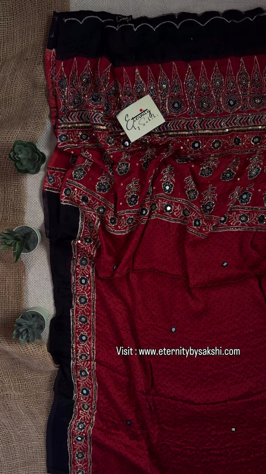 Offwhite Red Ajrakh Handwork Unstiched Kurti With Duppata