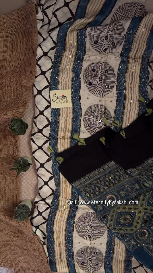 Offwhite Indigo Ajrakh Handwork Unstiched Kurti With Duppata