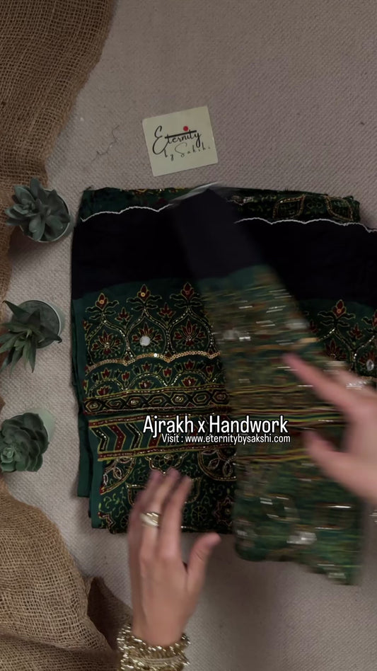 Zarina Green Ajrakh Modal Silk Saree with Artisan Handwork