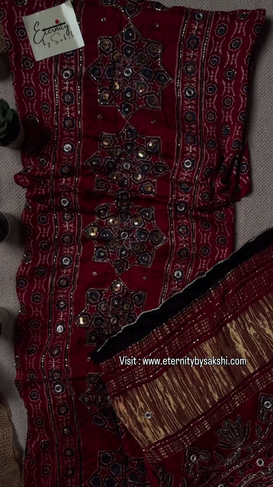 Red Ajrakh Handwork Unstiched Kurti 3 piece set With Zari Duppata