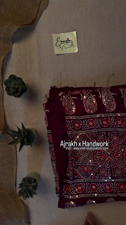 Berry Ajrakh Modal Silk Work Saree