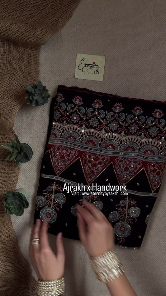 Rangmahal Ajrakh Modal Silk Saree with Artisan Handwork