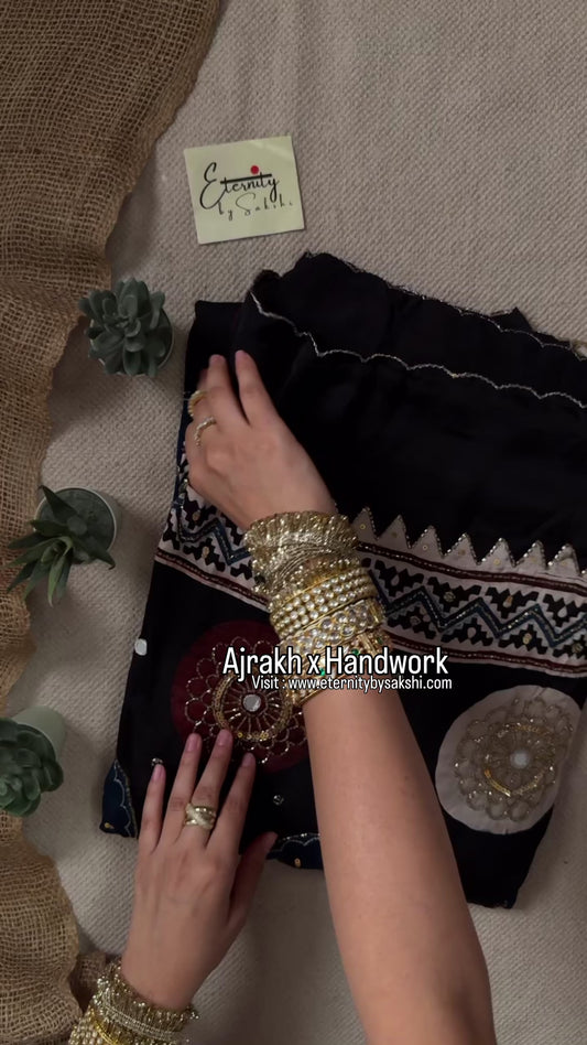 Chaandbaali Ajrakh Modal Silk Saree with Artisan Handwork