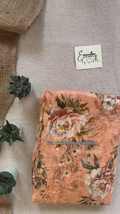 Pastel Peach Digital Print Silk Linen Saree