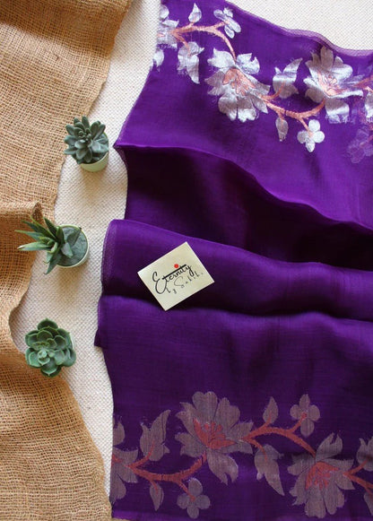 Purple Muslin Silk Saree + Silver Noorie Blouse Combo - Eternity by Sakshi