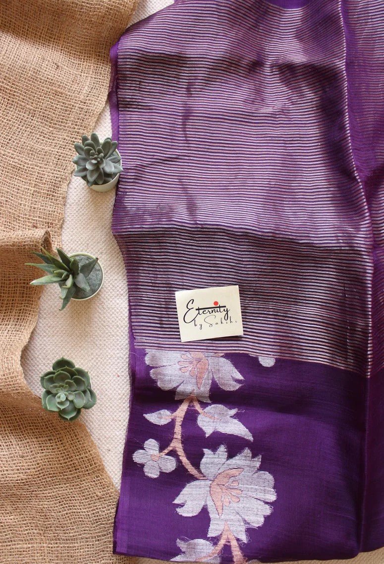 Purple Muslin Silk Saree + Silver Noorie Blouse Combo - Eternity by Sakshi