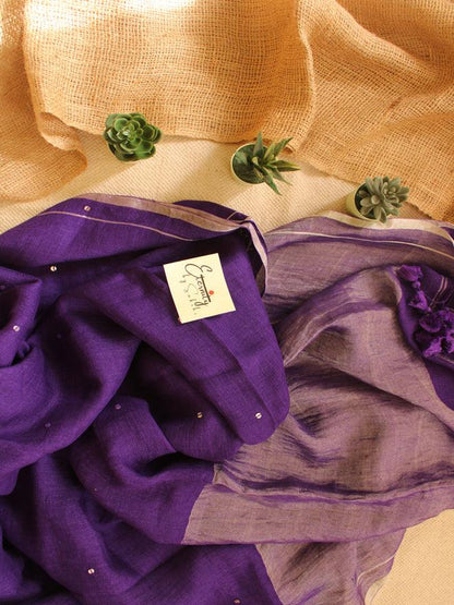 Purple Raina Linen Saree + Silver Zari Blouse Combo - Eternity by Sakshi