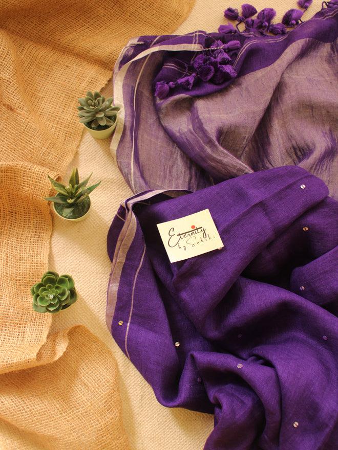 Purple Raina Linen Saree + Silver Zari Blouse Combo - Eternity by Sakshi