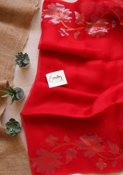 Red Muslin Silk Saree + Silver Noorie Blouse Combo - Eternity by Sakshi