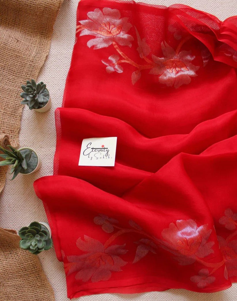 Red Muslin Silk Saree + Silver Noorie Blouse Combo - Eternity by Sakshi