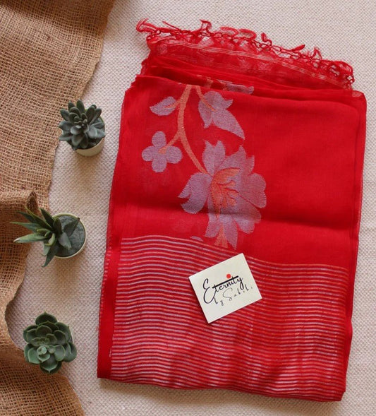 Red Muslin Silk Saree + Silver Noorie Blouse Combo - Eternity by Sakshi
