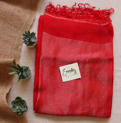 Red Muslin Silk Saree + Silver Noorie Blouse Combo - Eternity by Sakshi