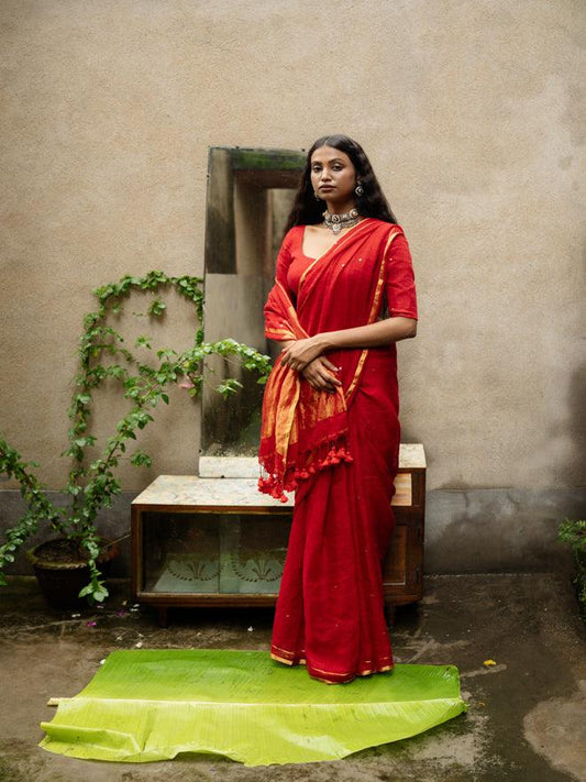 Red Raina Linen Saree - Eternity by Sakshi