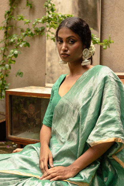 Sage Metallic Linen Saree - Eternity by Sakshi