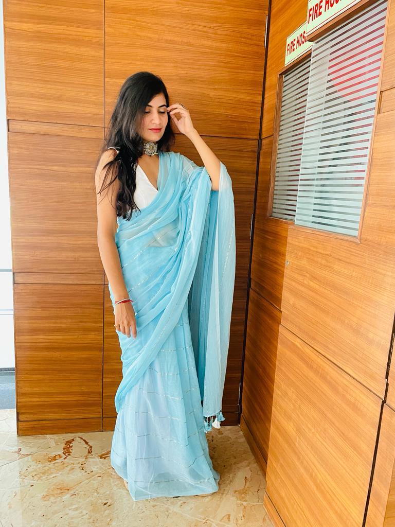 SKY BLUE SUTI SAREE - Eternity by Sakshi