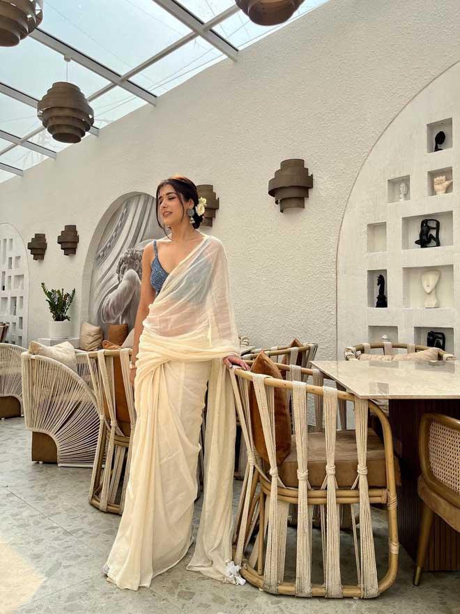 White Tara Saree + Ajrakh Hakoba - Blue Grace Blouse Combo - Eternity by Sakshi