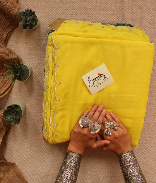Yellow Pearl Saree + Pearl Blouse Combo - Eternity by Sakshi