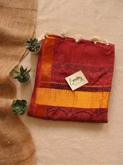 Brick Red Cotton Hand Block Printed Saree
