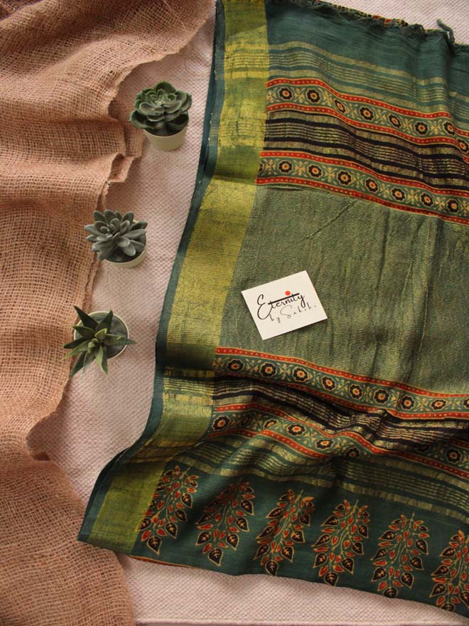green linen ajrakh saree
