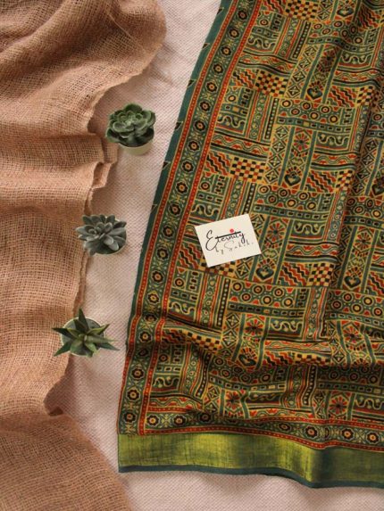 green linen ajrakh saree